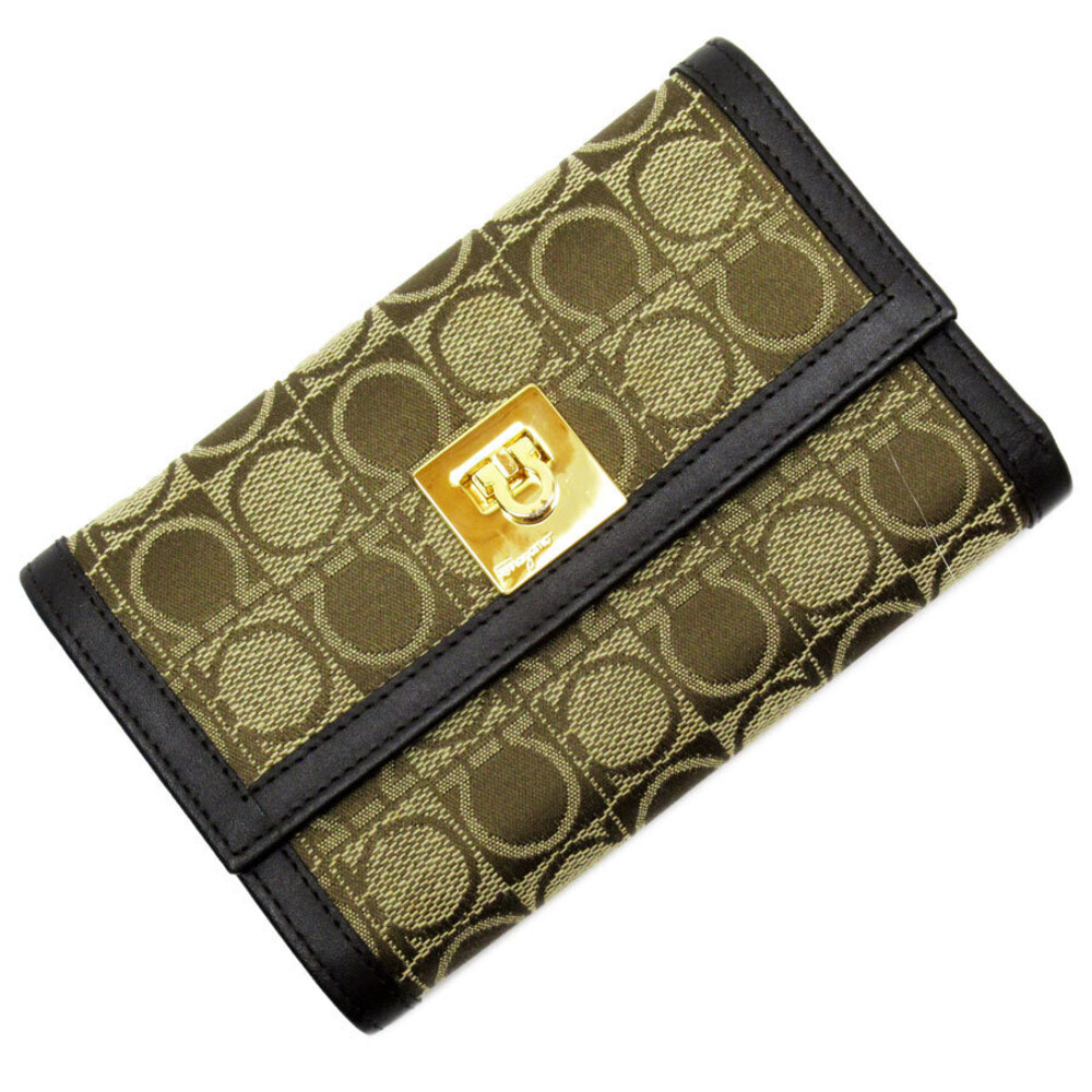 Salvatore Ferragamo Tri fold Wallet Gancini Canvas Leather Brown
